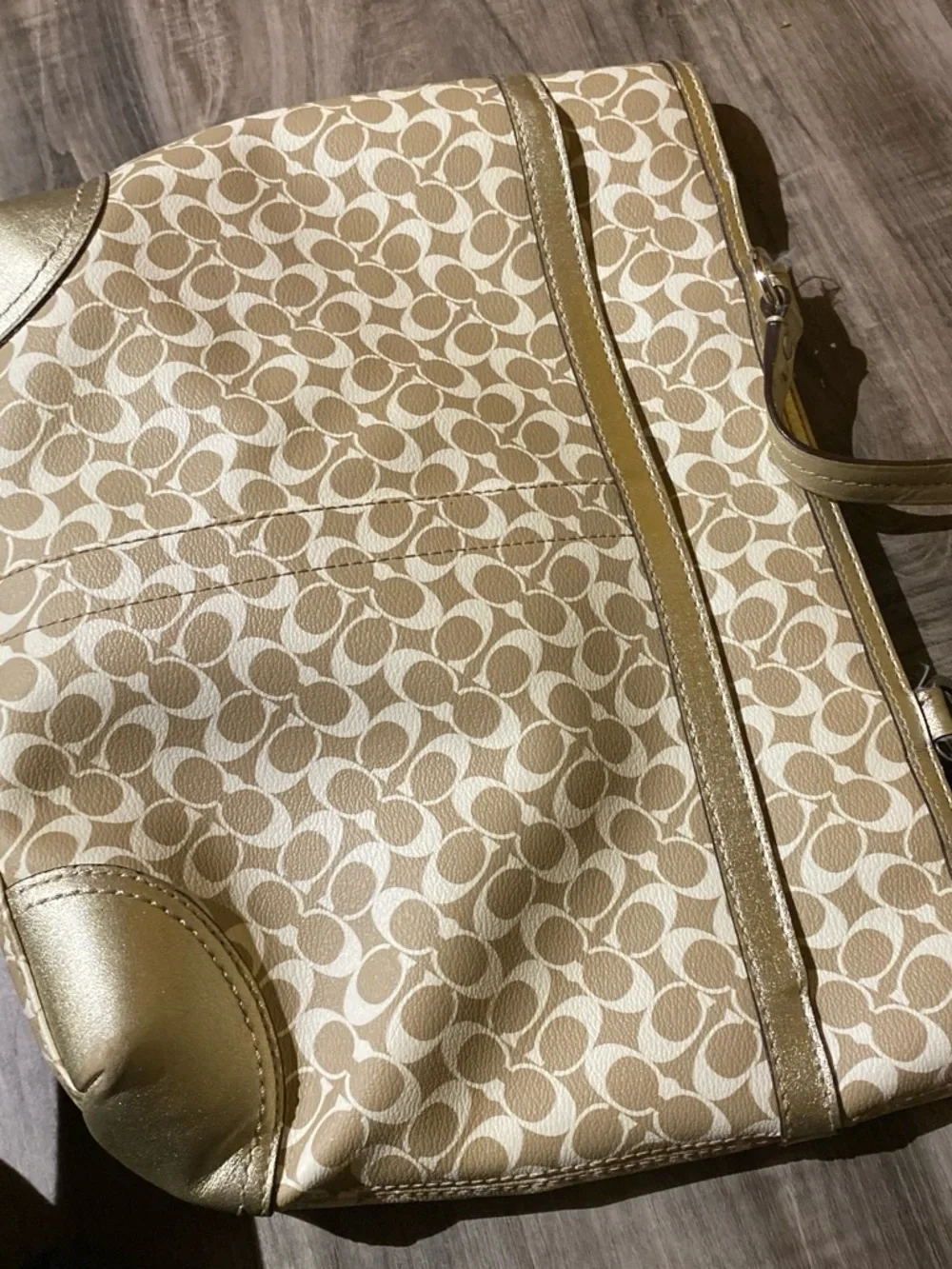 Coach Beige Signature Tote with Gold Trim and White Stripe